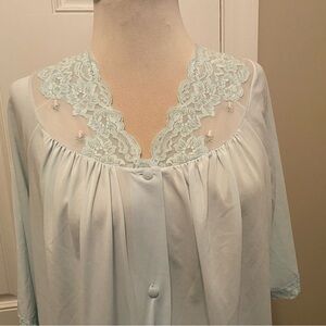 Lace-Trim Button-Front Blue Nylon Robe Women's
